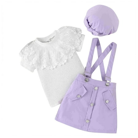 

GWAABD Girls Clothing Sets Purple Cotton Blend Toddler Girls Summer Short Sleeve Lace Ribbed Tops Skirt with Hat 3PCS Outfits Clothes Set 4Y