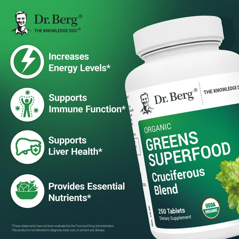 Dr. Berg Organic Superfood Greens Supplement, 250 Easy-to-Swallow Tablets -  Walmart.com