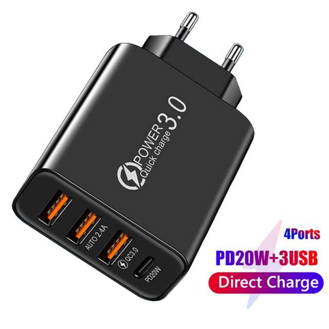 3Usb + Pd20W Cargador De Teléfono Tipo C Adaptador De Carga Para Teléfono Inteligente (Enchufe De La Ue Negro)