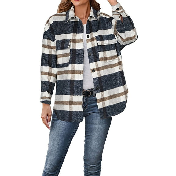 Baqcunre Womens Winter Coats Women's Autumn/Winter Fashion Long Sleeved Coat Lapel Loose Plaid Woolen Coat Fleece Jacket Womens Fall Fashion 2023 Blue L