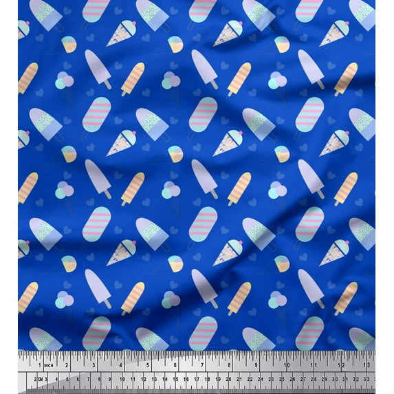 Soimoi Blue Poly Georgette Fabric Heart & Ice Cream Food Decor Fabric Printed Yard 52 Inch Wide