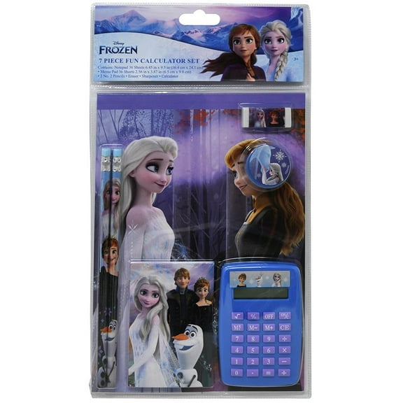 Frozen 7pc Calculator Set in Bag w/header- PENCIL, NOTEPAD, ERASER, SHARPENER, & STICKER