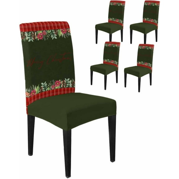Chair Covers for Dining Room Set of 4,Merry Christmas Poinsettia Green Leaf Stretch Seat Protector Removable Washable Chairs Slipcovers for Kitchen Banquet Wedding Hotel,Red Floral Berry on Plaid