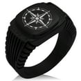 thumbnail image 1 of Stainless Steel Sun Dial Compass CZ Ribbed Needle Stripe Pattern Biker Style Polished Ring, 1 of 1