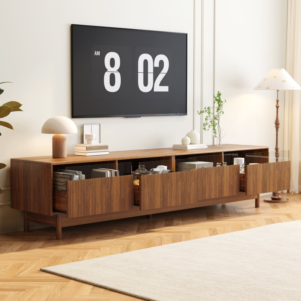 TV Stand for 85 Inch TV, 78 Inch Modern Entertainment Center with 3 Fluted Glass Drawers & Solid Wood Legs, Media Console with Cable Management for Living Room, Walnut