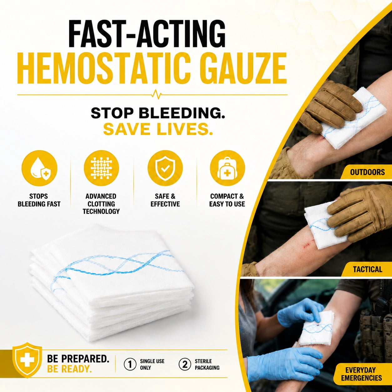 Advanced Quick Clotting Combat Gauze - Hemostatic Wound Packing for Stop The Bleed Kits, Flexible Medical Gauze for Survival Supplies, Trauma First Aid (3"x12.5')