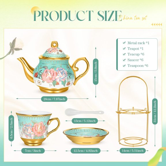 20 Pcs Porcelain Tea Set for Adults with Metal Holder and Spoon European Ceramic Tea Party Set Flower Painting Teapot Cup Saucer for Christmas Women Gifts, Serving 6 People(Modern)
