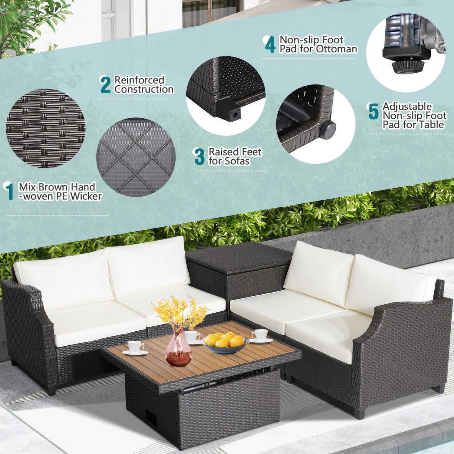 Aimee Lii 7 Pieces Hand-Woven Wicker Outdoor Furniture Set with Acacia Wood Coffee Table, Outdoor Patio Set, White Aimee Lii 7 Pieces Hand-Woven Wicker Outdoor Furniture Set with Acacia Wood Coffee Table, Outdoor Patio Set, White