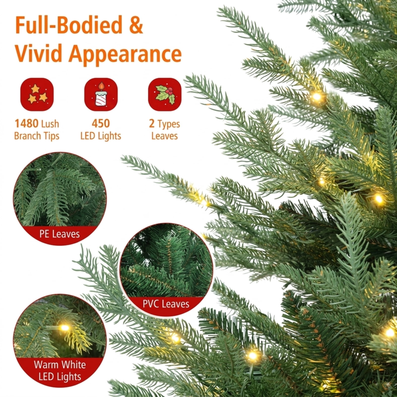 RUIE 8 ft Pre-Lit Christmas Tree, Tall Green Artificial Hinged Xmas Tree with 450 LED Lights, 1480 Branch Tips, Foldable Stand