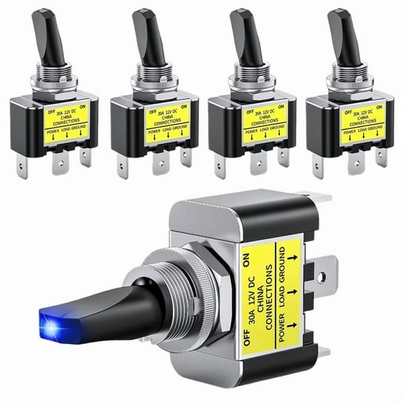LED Toggle Switch on Off 12V 30A Blue LED Lighted Metal Switch Heavy Duty SPST 3 Pin Rocker Switch 12mm Mounting Hole,5 * LED car rocker switch,As Shown