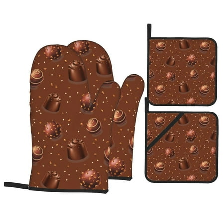

Oven Mitts and Pot Holders 4 Piece Chocolate Pattern No.9051 High Heat Slip Resistant Oven Mitt and Trivets Set Kitchen Oven Glove Pot Holders for Cooking Baking Grilling