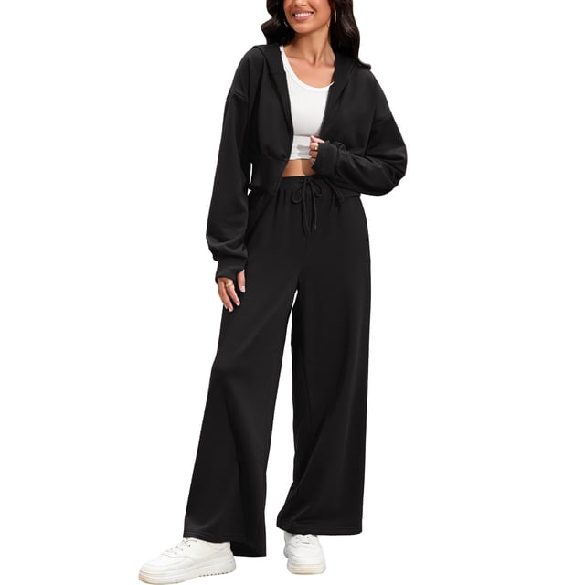 Conjuntos de chándal para mujer ATHLECHIC de 2 piezas, sudadera corta y pantalones anchos, conjuntos de entrenamiento y lounge M negro