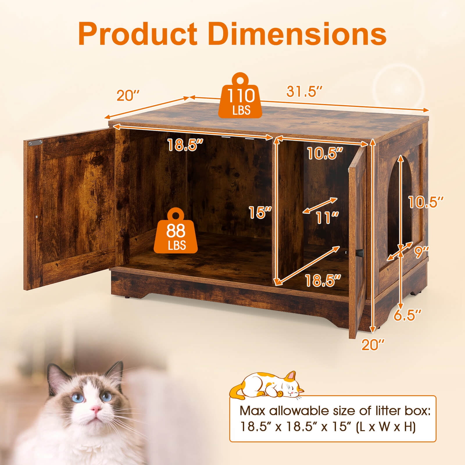 Costway Cat Litter Box Enclosure Furniture with Double Doors Divider Side Entry for Cats Brown