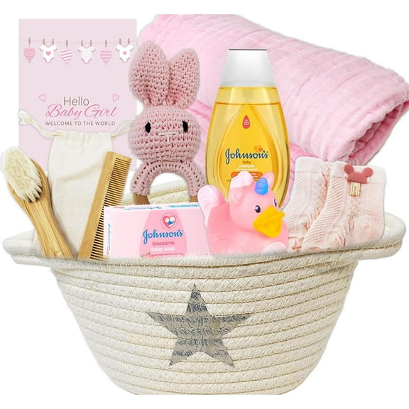 New Baby Girl Gift Basket for a New mom Pink Baby Gift Set. Welcome Baby Care Package All w/Newborn Essentials Bundle for Expecting Moms Baby Shower, After Labor (9 pc)