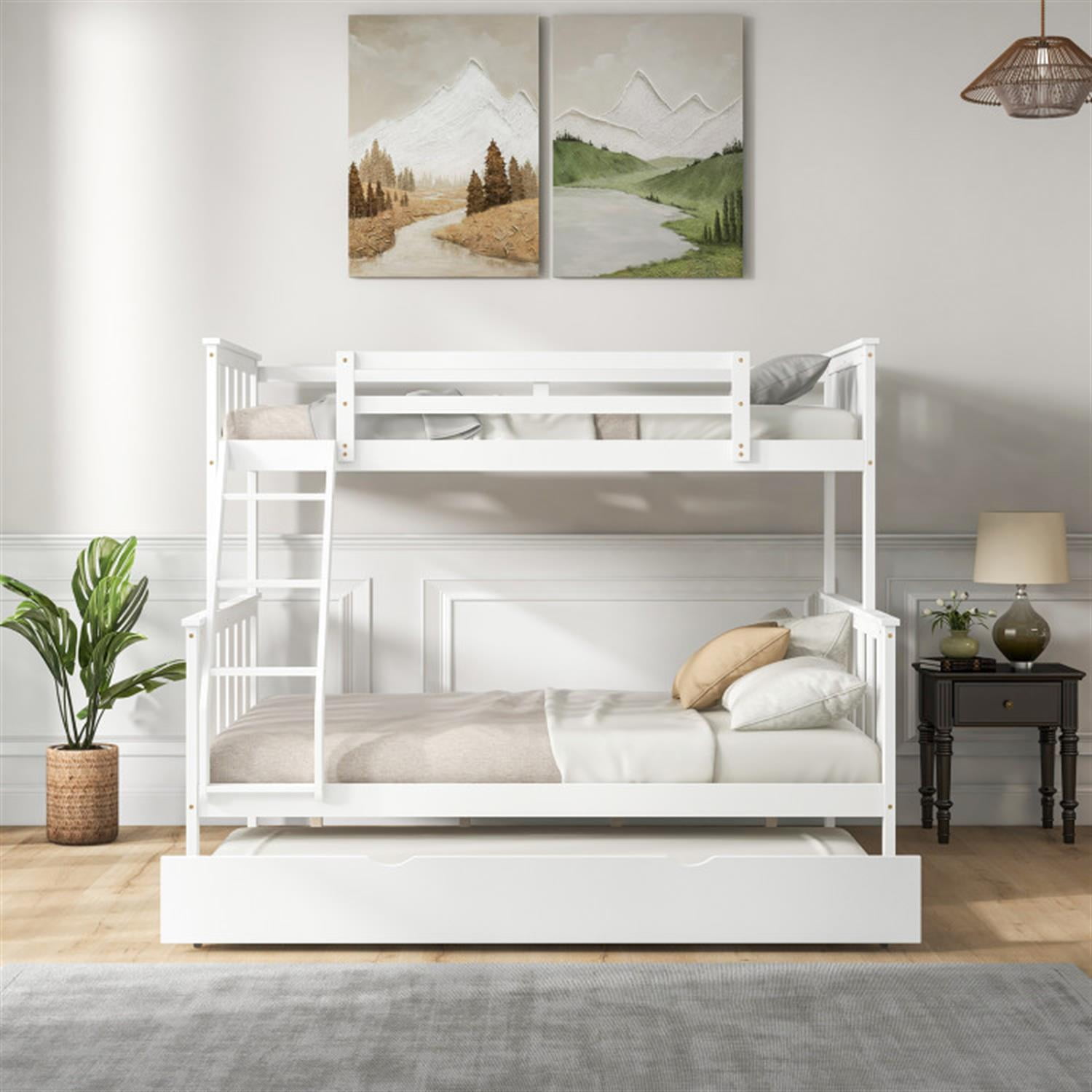 Demi Bonn 3-in-1 Twin Over Full Bunk Bed with Trundle and Ladder, Twin Bunk Beds, Bunk Beds, White