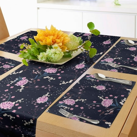 

Navy Blue Table Runner & Placemats Numerous Botanical Ornamental Japanese Cherry Flower Blossoms Pattern Set for Dining Table Placemat 4 pcs + Runner 12 x72 Pale Pink Dark Indigo by Ambesonne