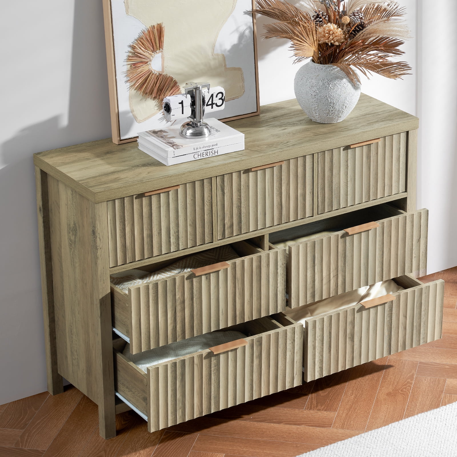 OAKHAM 7 Drawer Dresser, Fluted Wide Chest of Drawers for Bedroom Living Room, Sunwashed Ash Oak
