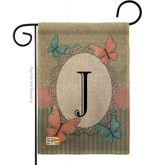 Breeze Decor BD-BG-G-130140-IP-DB-D-US14-BD 13 x 18.5 in. Butterflies J Initial Burlap Garden Friends Bugs & Frogs Impressions Decorative Vertical Double Sided Flag