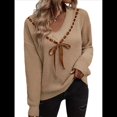thumbnail image 1 of Suéteres de Cuello en V para Mujer, Blusas Vintage Holgadas con Mangas Largas y Lazo. Caqui M, 1 of 10