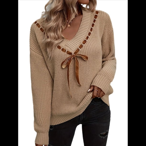 Suéteres de Cuello en V para Mujer, Blusas Vintage Holgadas con Mangas Largas y Lazo. Caqui S