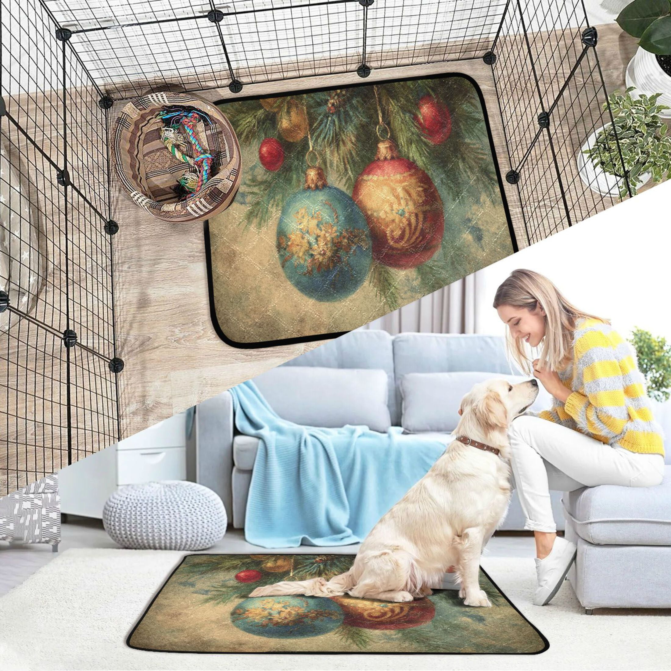 Qxltty Vintage Christmas Ball Cat litter Pads Pet Set of 2 Diaper Mats Center Anti-leakage Layer Absorbent Soft and Comfortable