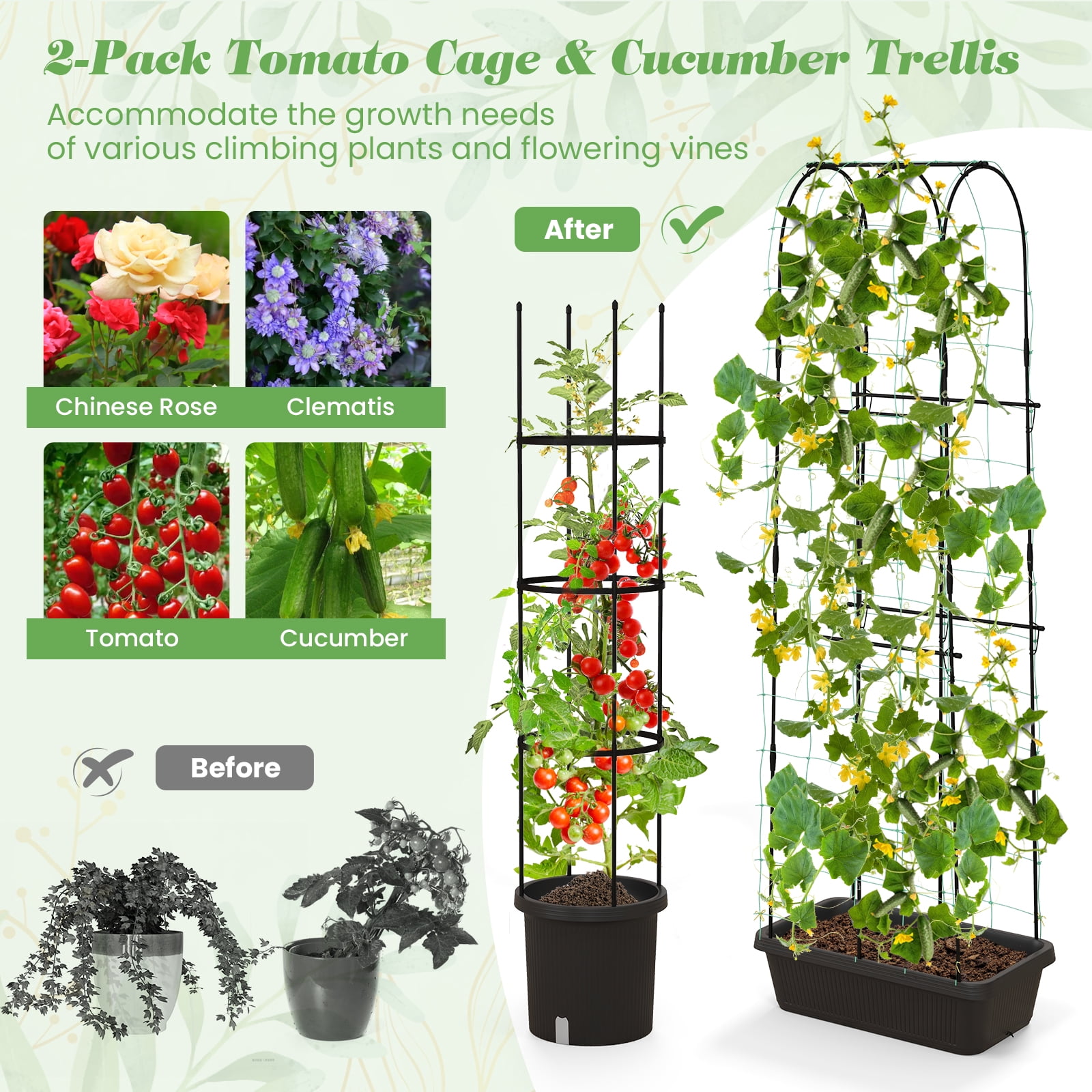 Patiojoy 2-Pack Garden Trellis, 58.5�� Tomato Cage & 71�� Cucumber Trellis w/ Planter Box Self-Priming Irrigation