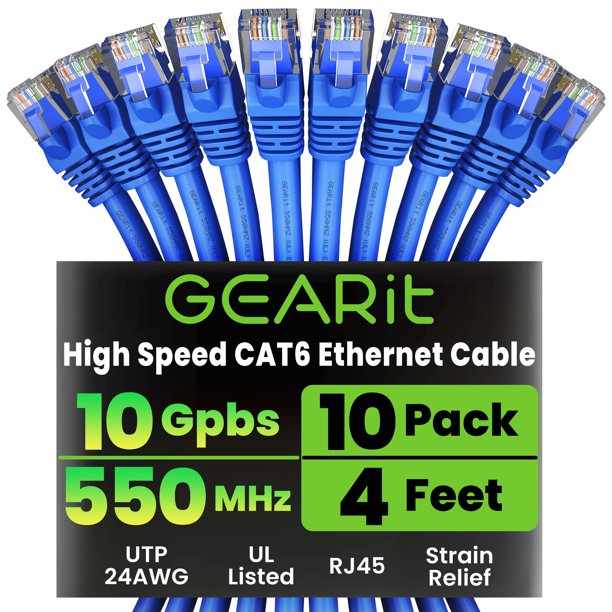 Gearit Cable Ethernet Cat 6 De 4 Pies (Paquete De 10) - Cable De Conexión Cat6 Cable De Conexión Cat 6 Cable Cat6 Cable Cat 6 Cable Ethernet Cat6 Cable De Red Cable De Internet - Azul 4 Pies