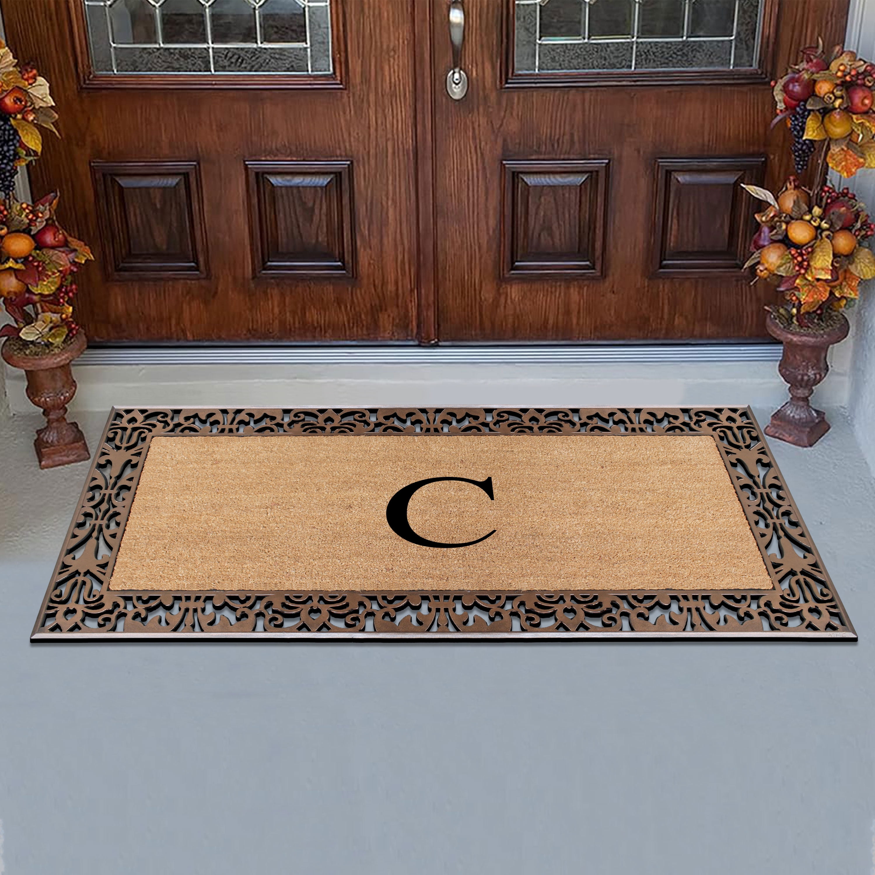 A1HC Natural Coir and Rubber Paisley Monogrammed Doormat, 30"x60", Heavy Duty Outdoor Front Door Mat, Durable Easy-Clean Bronze Rug
