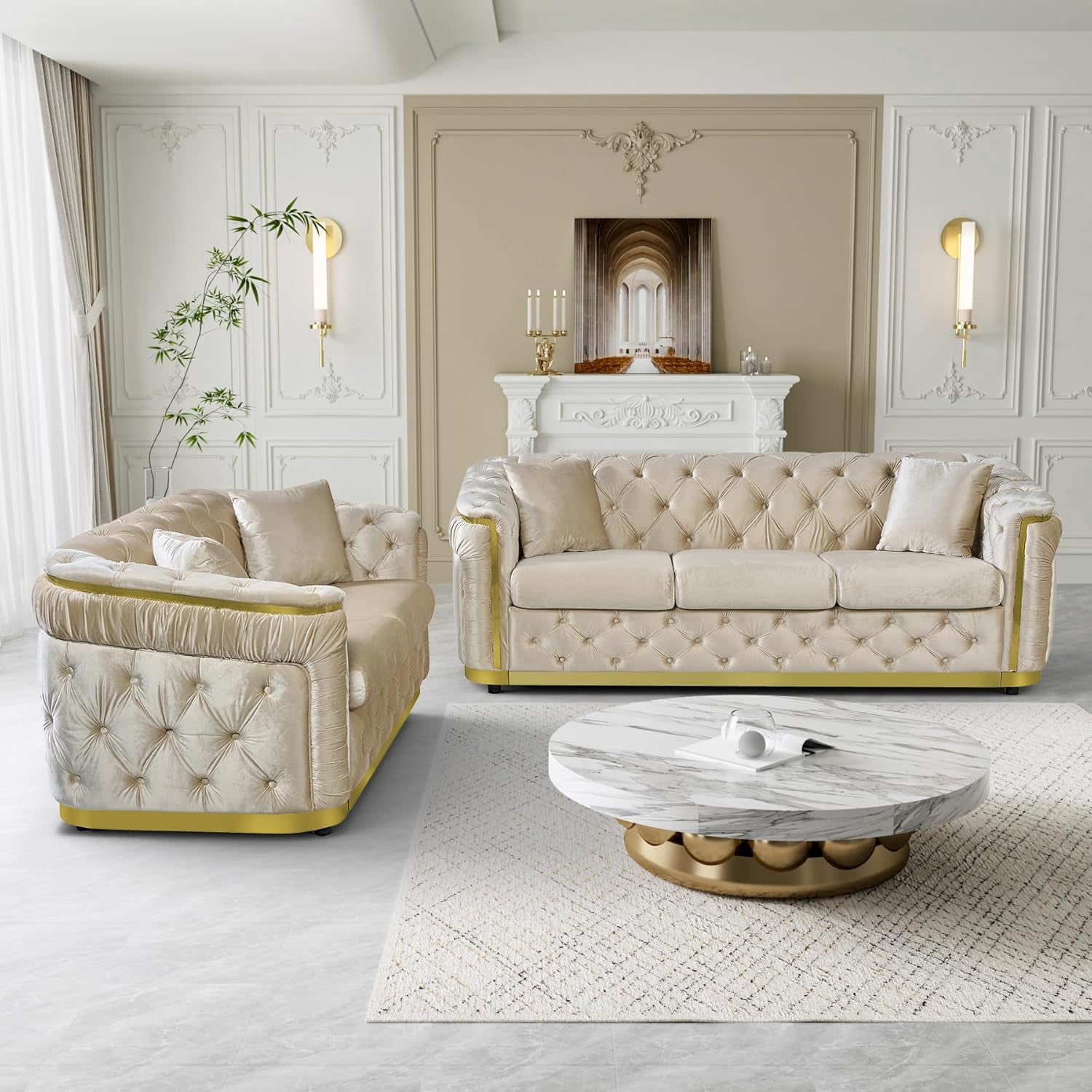 Wiilayok 84.6" Velvet Button Tufted Sofa,Mid-Century Classic Chesterfield Sofa Couch with Thick Backrest&Armrest,Gold Steel Accents,3 Seat Sofa Couches for Living Room,Beige