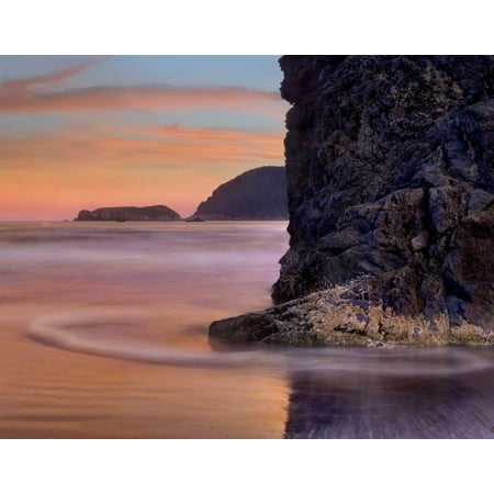 Barnacle-covered seastack at sunset Pistol River Beach Oregon Poster Print by Tim