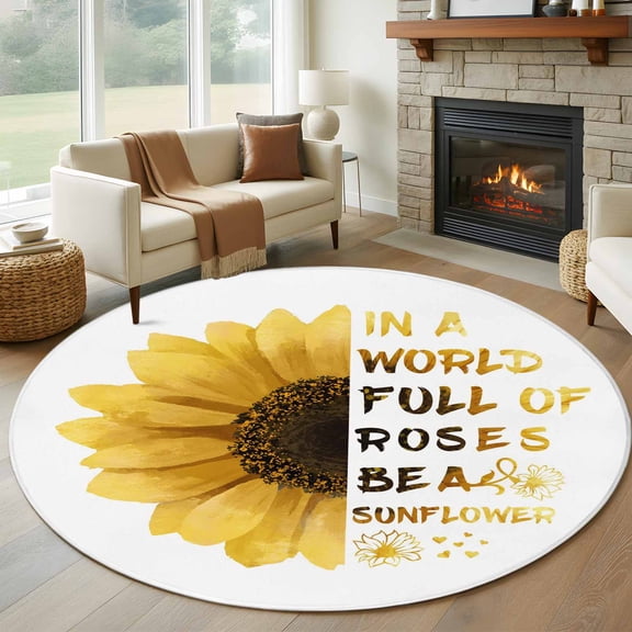 Yellow Sunflower Round Area Rug 6Ft Washable Circle Rugs for Bathroom Office, Floral Rustic White Quotes Non-Slip Carpet Floor Mats Indoor Outdoor Carpet Runner Aesthetic Home Decor