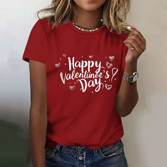Ounisa T-Shirts pour Femmes Col Rond Mignon Cœur Lettre Graphique Manches Courtes Hauts d'Été