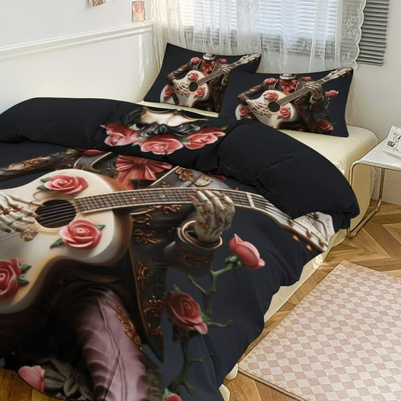 Guitar Skeleton Rock Bedding Set with Zipper Closure for Girls & Boys