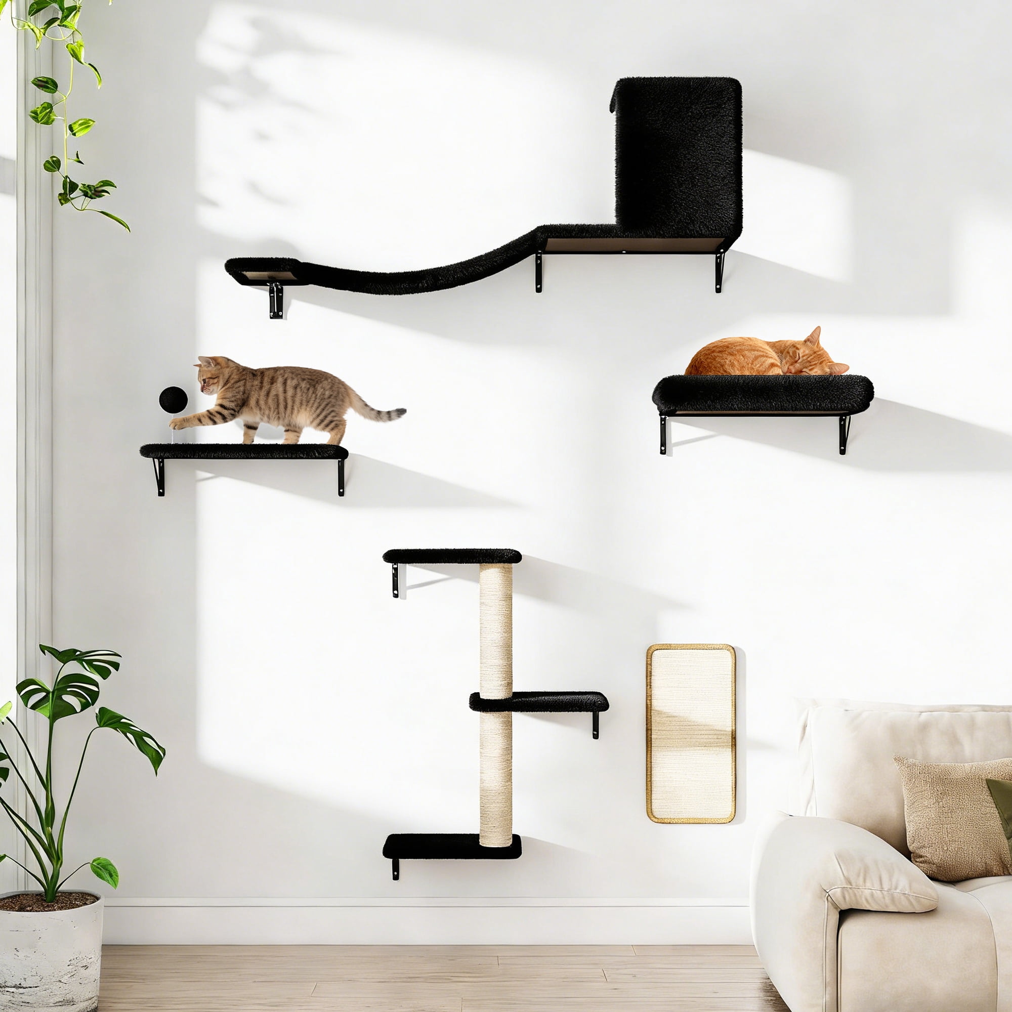 COZIWOW Wall Mounted Cat Furniture, Cat Wall Shelves and Perches, Floating Cat Shelves for Wall Set of 5, BBlack