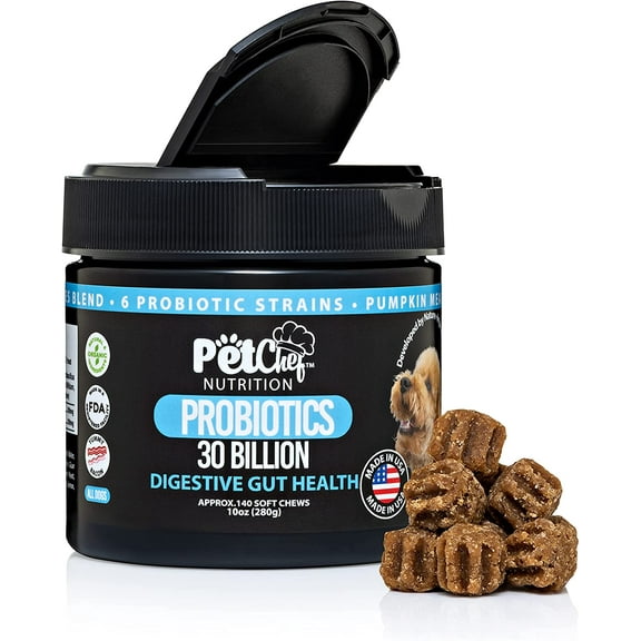 Pet Chef Nutrition Probiotic Soft Treats for Dogs | Digestive Gut Health, Gas & Bloating, Constipation, Diarrhea & Upset Stomach | Premium Chewable Treats for Pets - All Ages & Sizes - 140 Ct (Bacon)