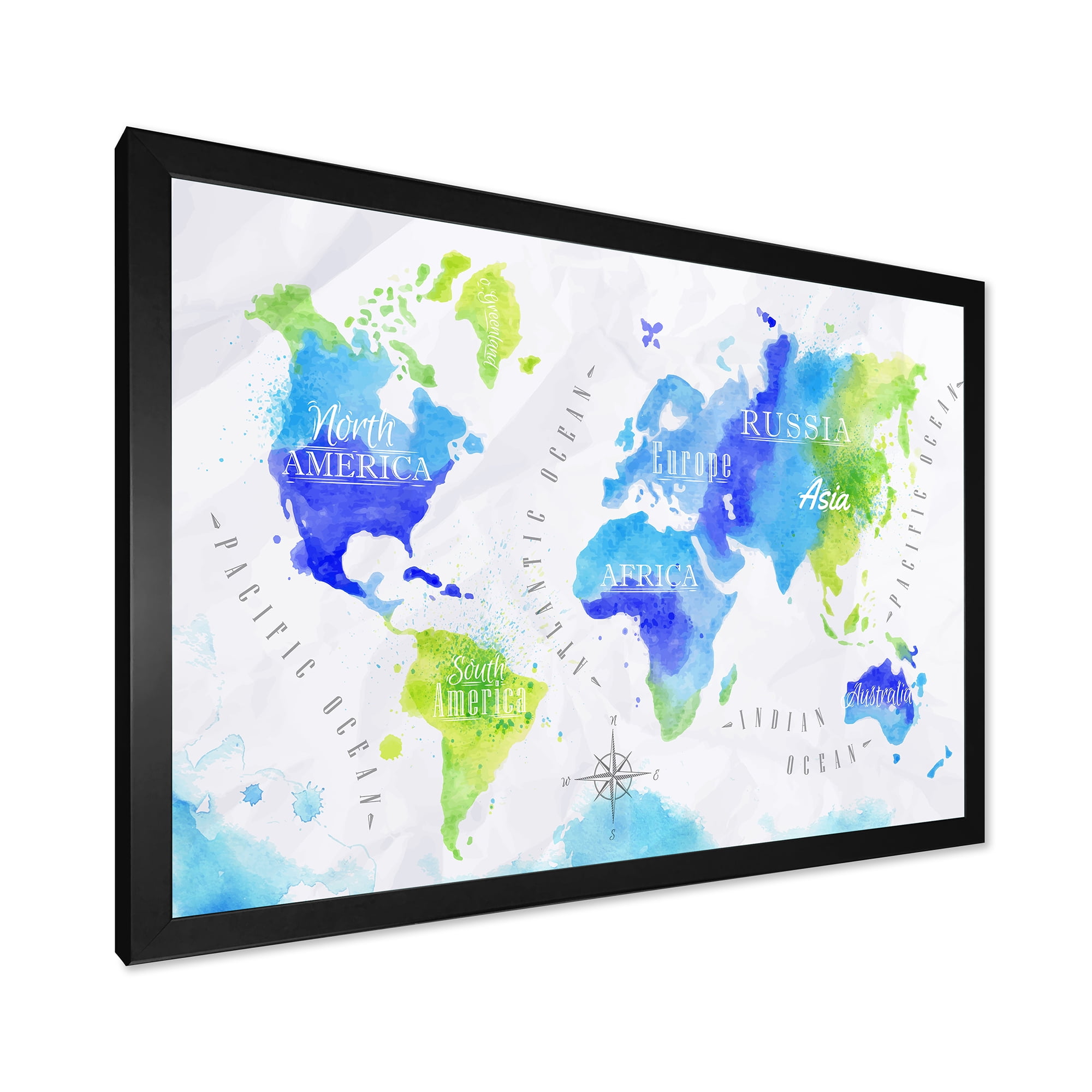 Designart 'World Map In Blue and Green' Modern Framed Art Print