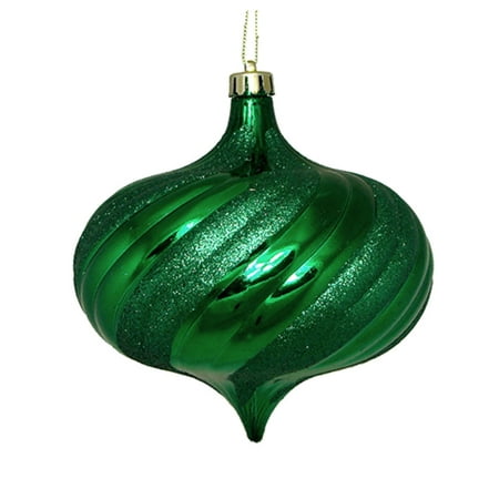 4ct Shiny Xmas Green Glitter Swirl Shatterproof Onion Christmas Ornaments 5.75