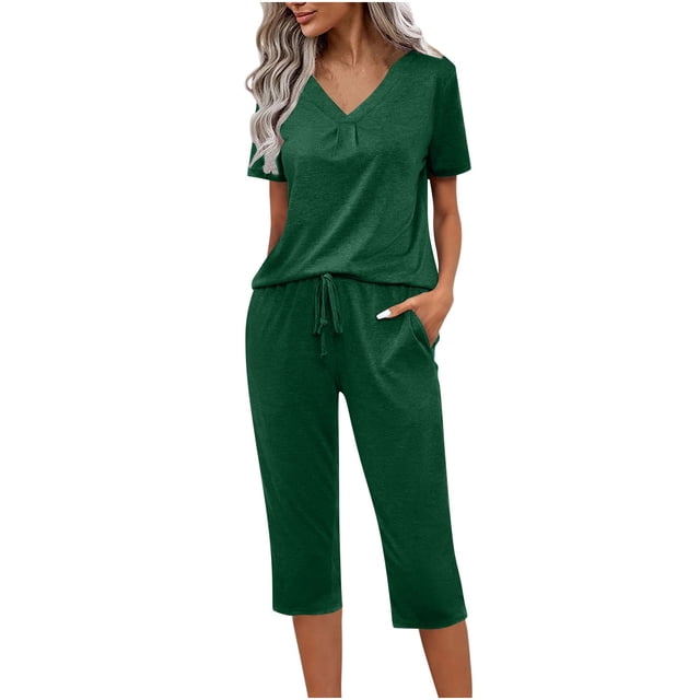 wmjolc Women's Pajama Set V-Neck Short Sleeve Top and Drawstring Capri Pants 2 Piece Casual Pyjama Set Casual Home Sleepwear Basic Solid Color Pjs Set