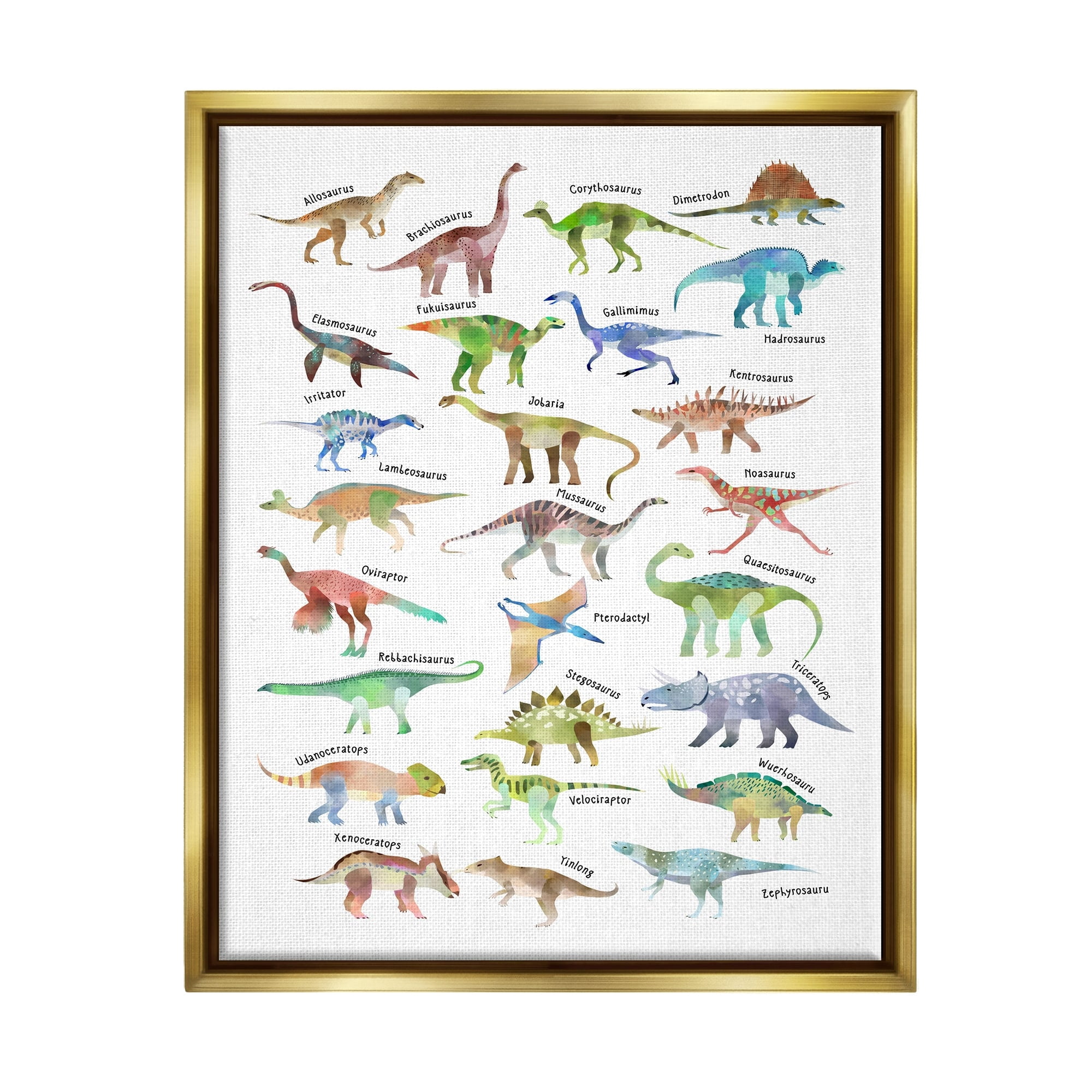 Stupell Industries Children's Dino Chart Dinosaur Reptile Fantasy Fun Watercolor Metallic Gold Framed Floating Canvas Wall Art, 24x30, by Ziwei Li