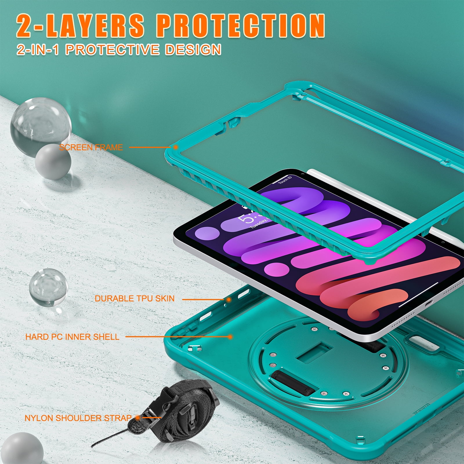 Shockproof Case for Apple iPad mini 6/7, iPad mini 6th 7th Gen Cover, 360 Rotating Stand Translucent Back Cover Shockproof Adjustable Shoulder Strap Kids Friendly with Pencil Holder, Blue
