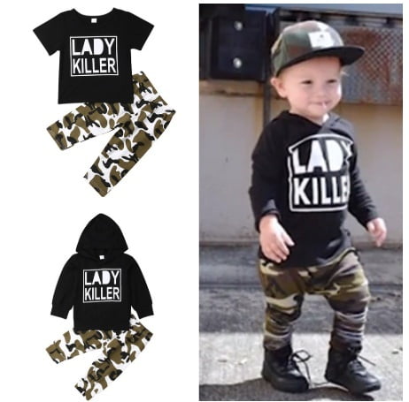 Toddler Kids Boy Suit Print Letter T-Shirt Tops+Camouflage Pants Outfits Clothes 