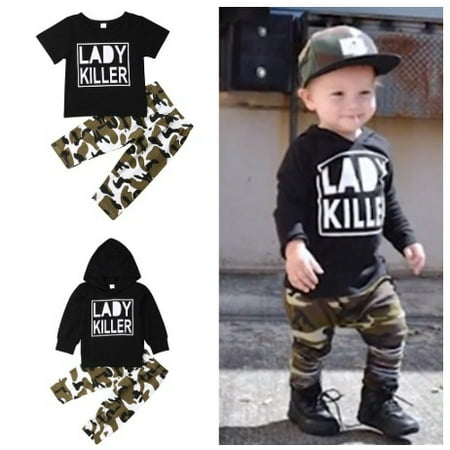 

2020 Newborn Baby Boys Girls Clothes Sets Long Sleeve Letter Laddy Killer Hooded /T-Shirt Tops+ Camo Pants Outfits 2PCS Set 0-24M