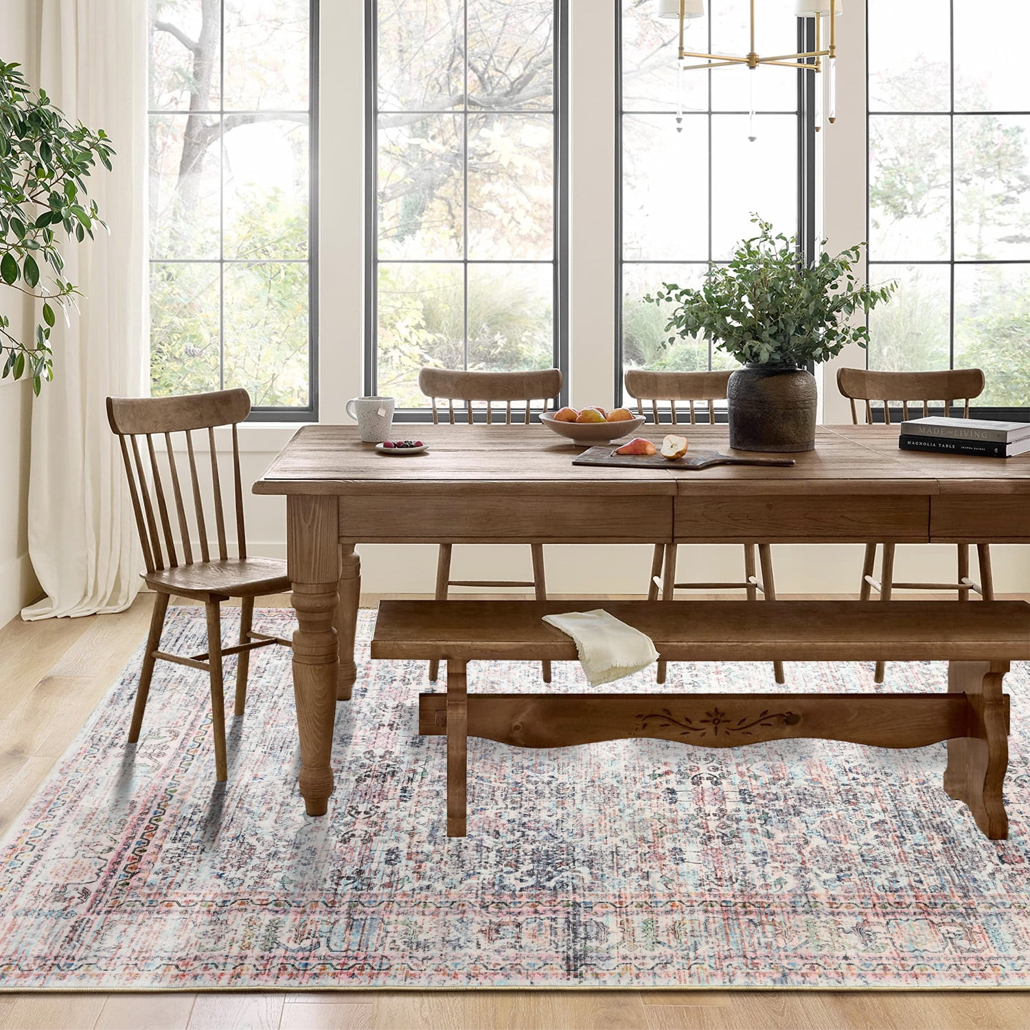 Wondo Floral Washable Rugs, 4x6 Area Rug for Living Room, Soft Large Boho Bedroom Rug, Botanical Non Slip Ultra Thin Floor Carpet for Dining Room Nursery Office, Light Pink