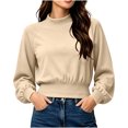 thumbnail image 3 of Cropped Sweatshirts for Women,Mock Neck Elastic Waist Long Sleeve,Casual Loose Pullover Top,Campus School Daily Wear, 3 of 6