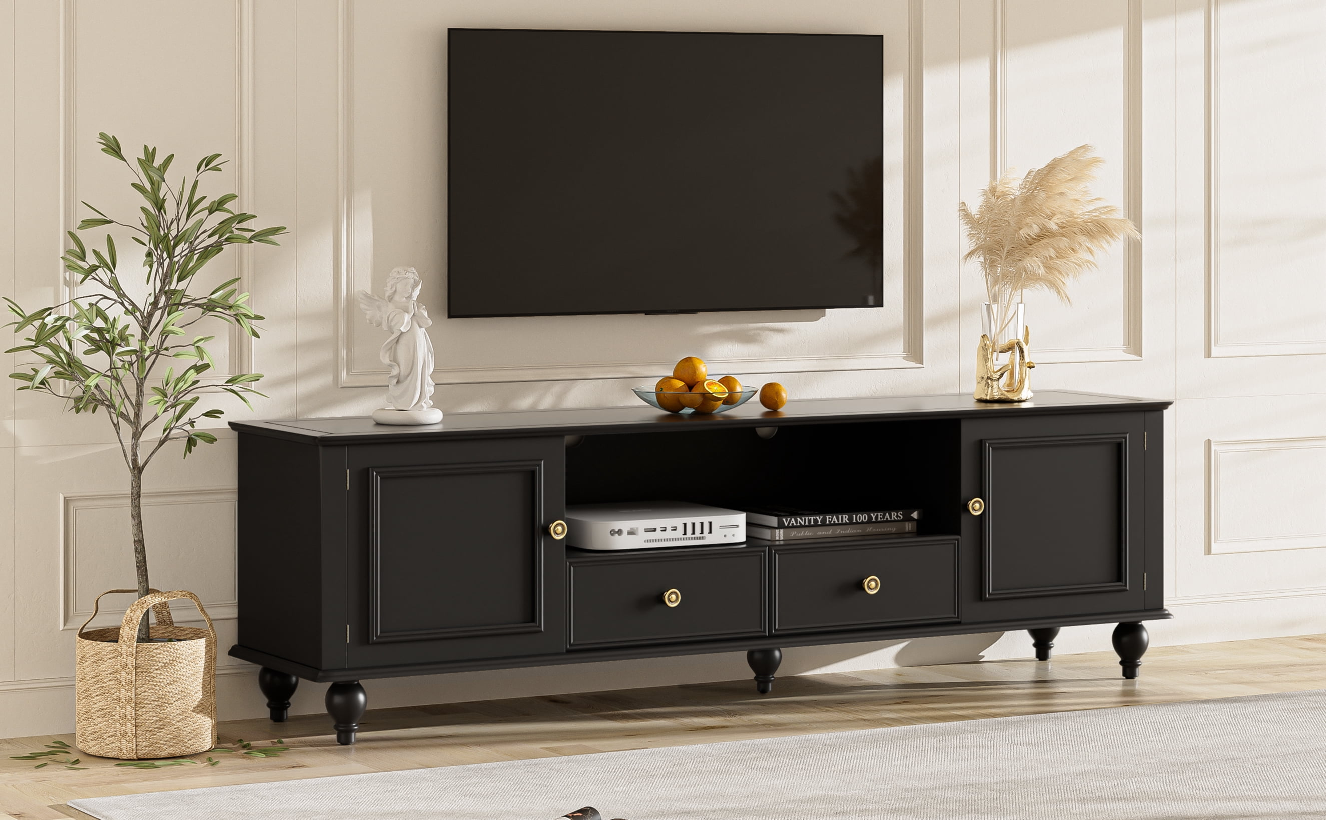 Euroco Modern Minimalist TV Stand with 2 Cabinets, 2 Drawers, and Open Shelf, Media Console with Anti-Tip Kit, for TVs up to 65"