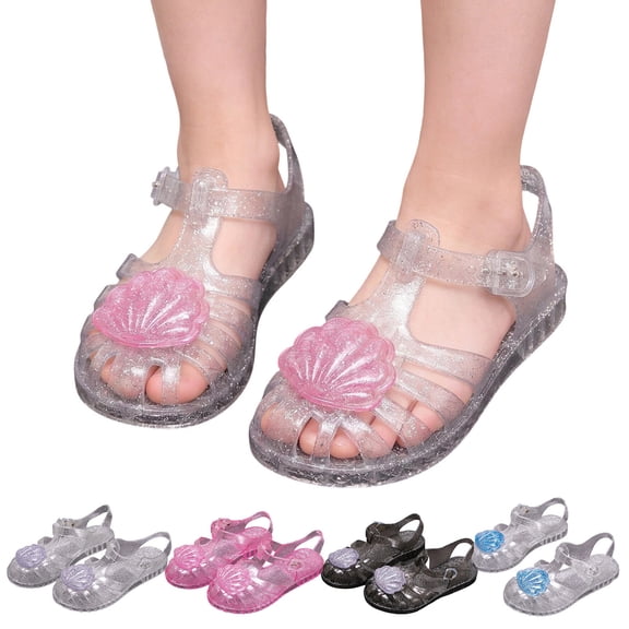 Viluyesy Girls Jelly Sandals Summer Closed Toe Adjustable Strap Glitter Shell Water Beach Shoes for Kids White Size 12 Little Kids