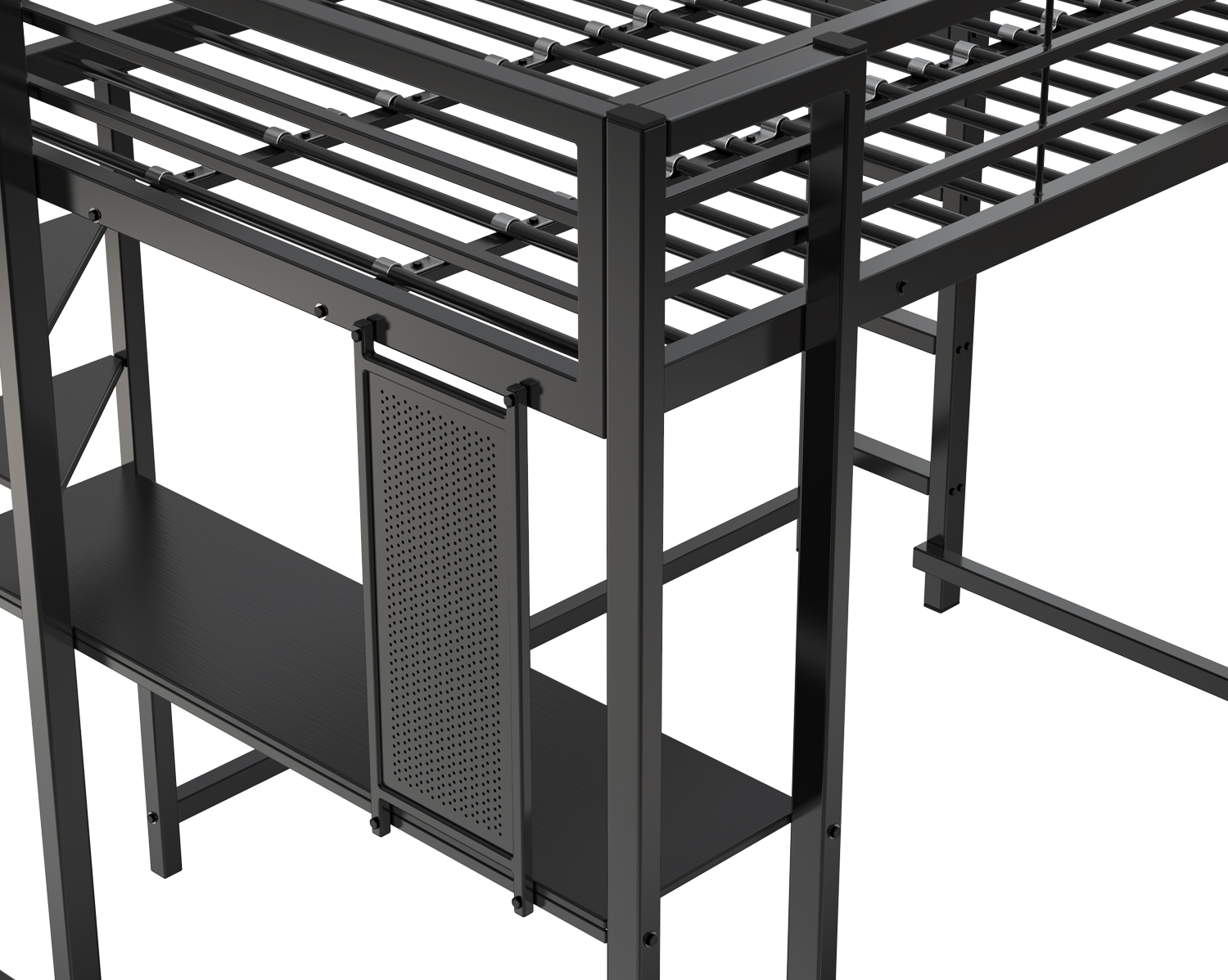 Loft Bed with Desk Full Size, Metal Loft Bed Frame with Storage Shelves and Bookshelf, Space Saving Loft Bed for Bedroom, Dorm, Home Office, Black