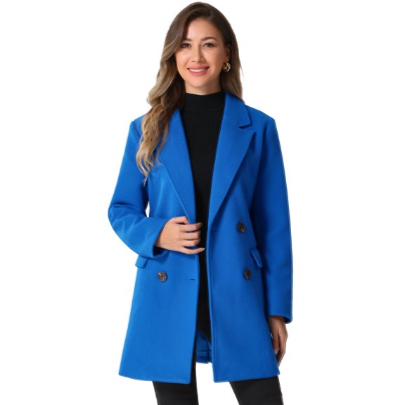 DARING DIVA Women's Notched Lapel Double Breasted Belted Trench Coat Blue XS