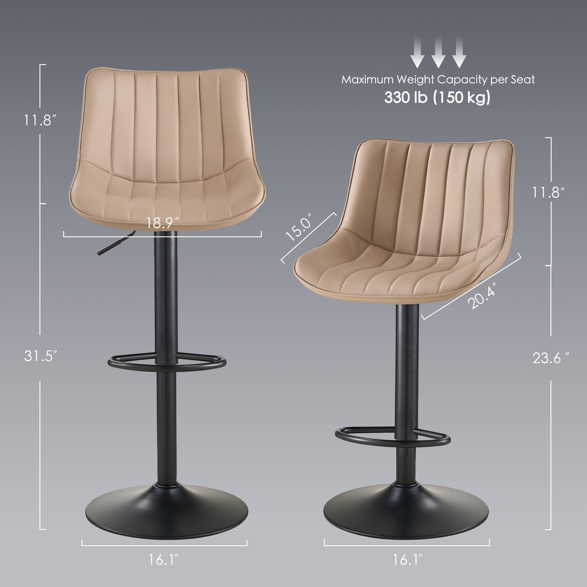 AUNEKIV Bar Stools, Swivel Counter Height Barstools with Back, Adjustable Faux PU Leather Bar Chairs, Modern Armless Kitchen Island Stool, Oatmeal