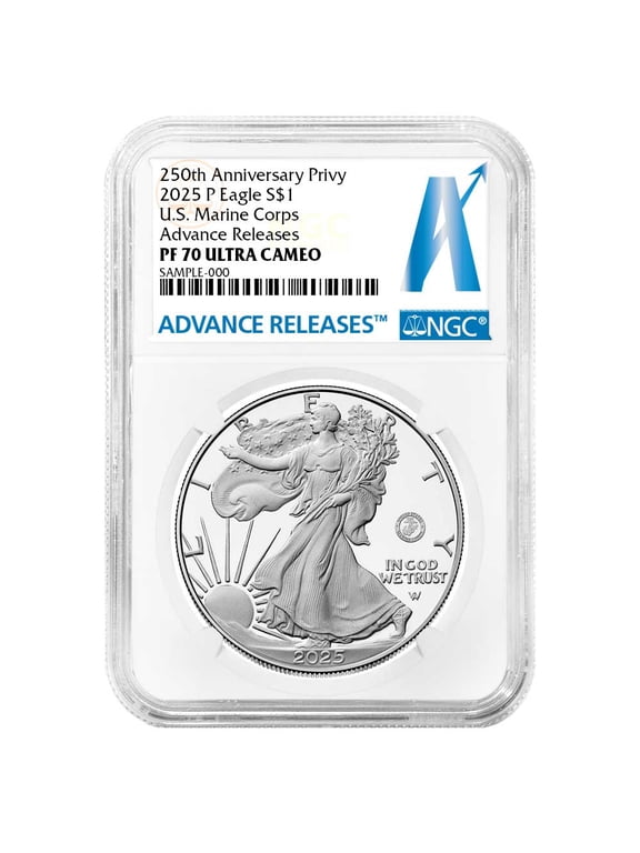 2025-P Proof $1 American Silver Eagle Marine Corps Privy NGC PF70UC AR Advance Releases Label 250th Anniversary